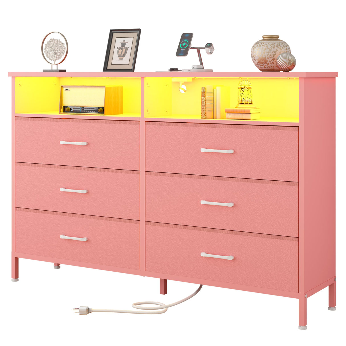 Dresser for bedroom, Pink Bedroom Dresser with LED Lights and Charging Station, 6 Long Drawers Dressers, Tall Wide Fabric Chest of Drawers Storage Organizer TV Stand for up to 60" TV for Living Room SOOWERY