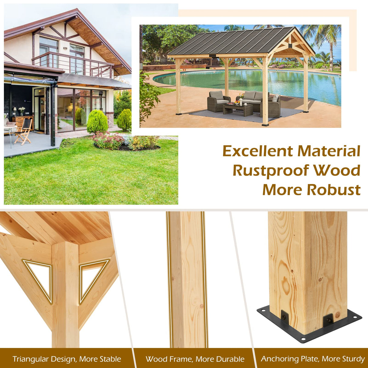 YOLENY Wood Gazebo, 12' x 15' Gazebo Hardtop Gazebo, Spruce Wood Solid Wood Gazebo, Waterproof Asphalt Roof, for Lawns, Beach, Patio, Garden, Yard, Easy Assembly YOLENY