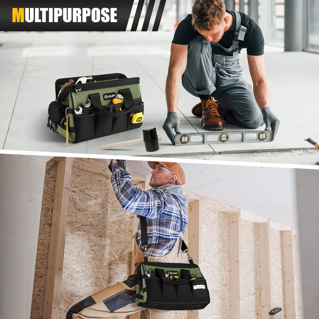 UUP Heavy Duty Tool Bag 15-Inch, 16-Pocket Portable Tool Box Organizer Storage, Tactical Carry Tote Toolbox with Large Zipper, Adjustable Shoulder Strap, Father Day Dad Men Mechanic HVAC Engineer Gift UUP