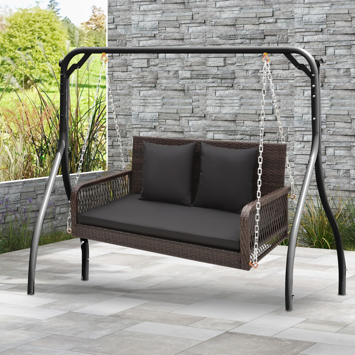 Tangkula Wicker Outdoor Porch Swing, 800 LBS Capacity Outdoor Swing Bench with Hanging Chains, Back and Seat Cushions, 2-Seater Hanging Patio Bench for Deck, Garden, Yard (Black) Tangkula