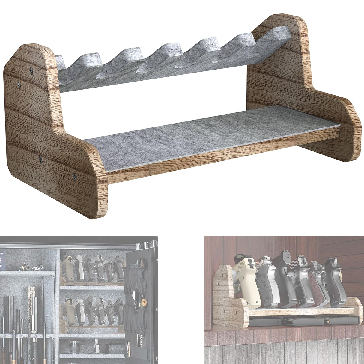 Aoanoko Pistol Rack for Gun Safe, Handgun Rack with Non Slip Carpeted Surface, Pure Wood Made Pistol Stand for Gun Cabinet Storage Pistol Storage, 6 Slots Pistol Stand Aoanoko