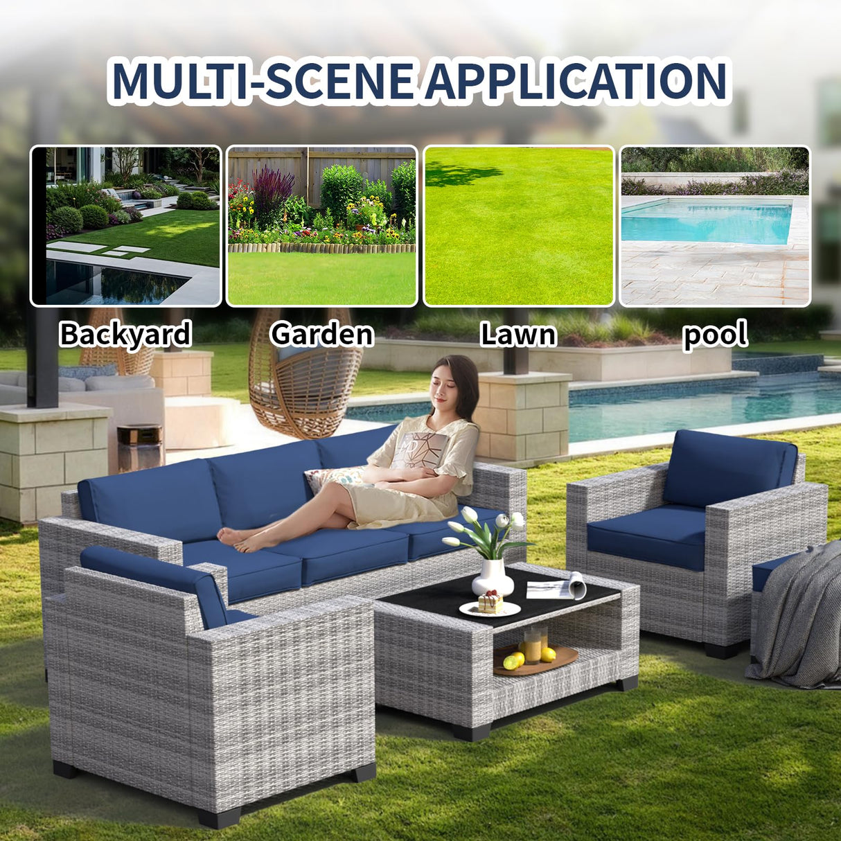 7 Piece Patio Furniture Set, Wicker Outdoor Sectional Sofa with Washable Cushion Covers and Tempered Glass Table, Rattan Conversation Set for Poolside, Lawn, Balcony (Navy Blue, Gray-white Rattan) SHGJ&SOFT