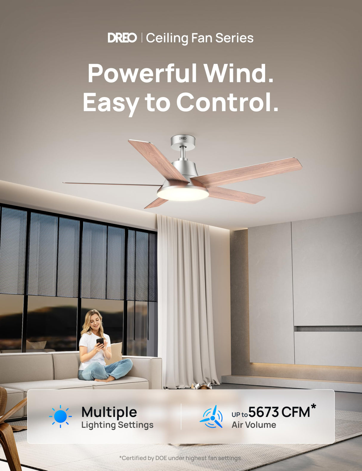 Dreo Ceiling Fans with Lights and Remote, 52 Inch, 6 Speeds, 5 Color Tones Dimmable LED, Quiet Reversible DC Motor, 8H Timer, Silver Ceiling Fan for Bedroom, Living Room, Easy to Install Dreo