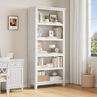 IDEALHOUSE 5 Tier Bookcase with Adjustable Shelves, 71" Tall Narrow Bookshelf w/Wooden Legs, Farmhouse Narrow Bookcase for Living Room Apartment Office (1, White)