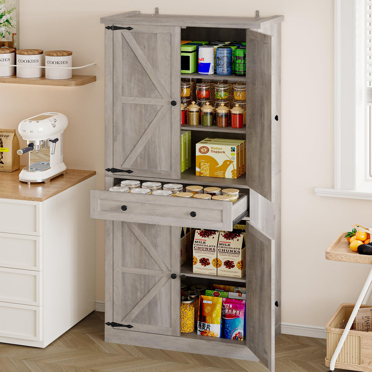 BORNOON Pantry Organizers and Storage Cabinet, 70” Barn Door White Kitchen Cabinet with Drawers and Adjustable Shelf, Tall Pantry for Kitchen, Dining Room, Living Room Bedroom BORNOON