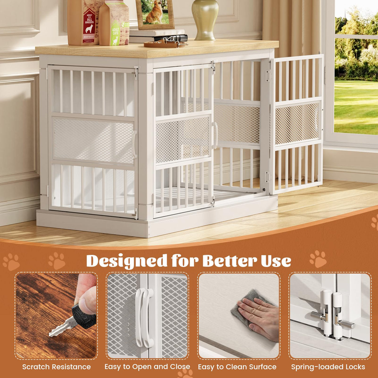 VOPEAK Dog Crate Furniture, Chew Resistant Large Dog Crate for Medium Large Dogs, Heavy Duty XL Dog Crates Dog Kennel Cage Indoor with Double Doors, Wooden End Table for Bedroom Living Room, White VOPEAK