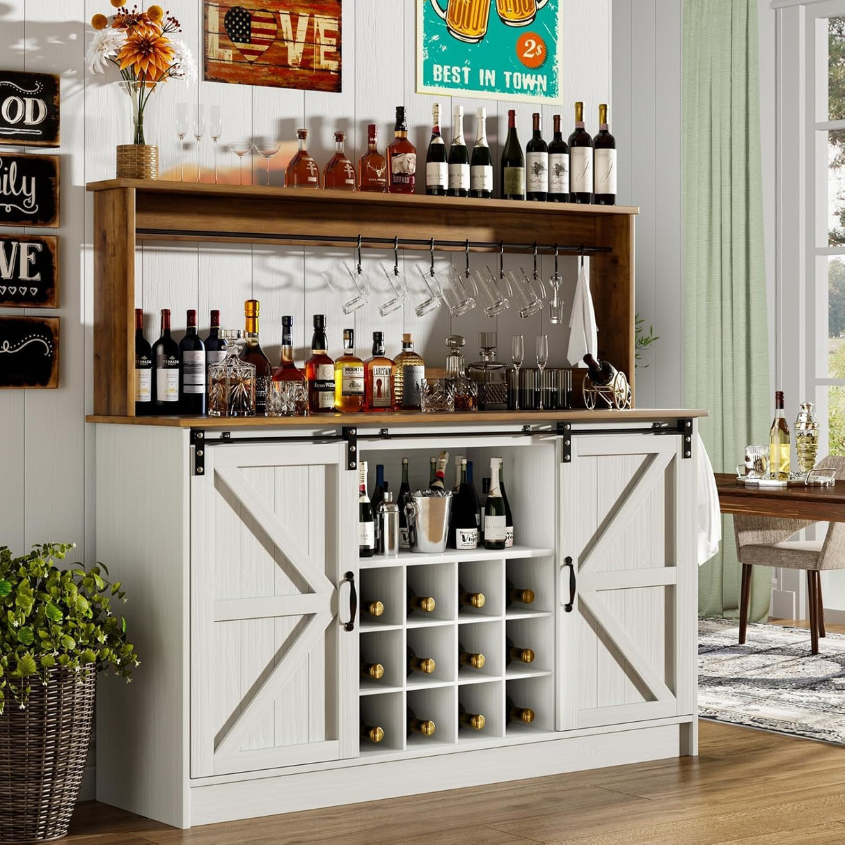 4ever2buy Farmhouse Coffee Bar Cabinet with 8 Hooks, 55 Inch Coffee Bar with Sliding Barn Doors, Tall Hutch Cabinet with Storage, White Coffee Bar with 12 Racks for Living Dining Room 4ever2buy