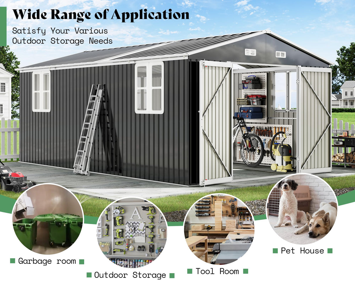AMERLIFE 10x16x7.2 FT Metal Storage Shed with 2 Transparent Panels, Outdoor Tool Shed with Hinged Double Doors, Windows & Vents, Reinforced Steel Frame for Backyard Garden, DIY Workshop, Dark Gray AMERLIFE