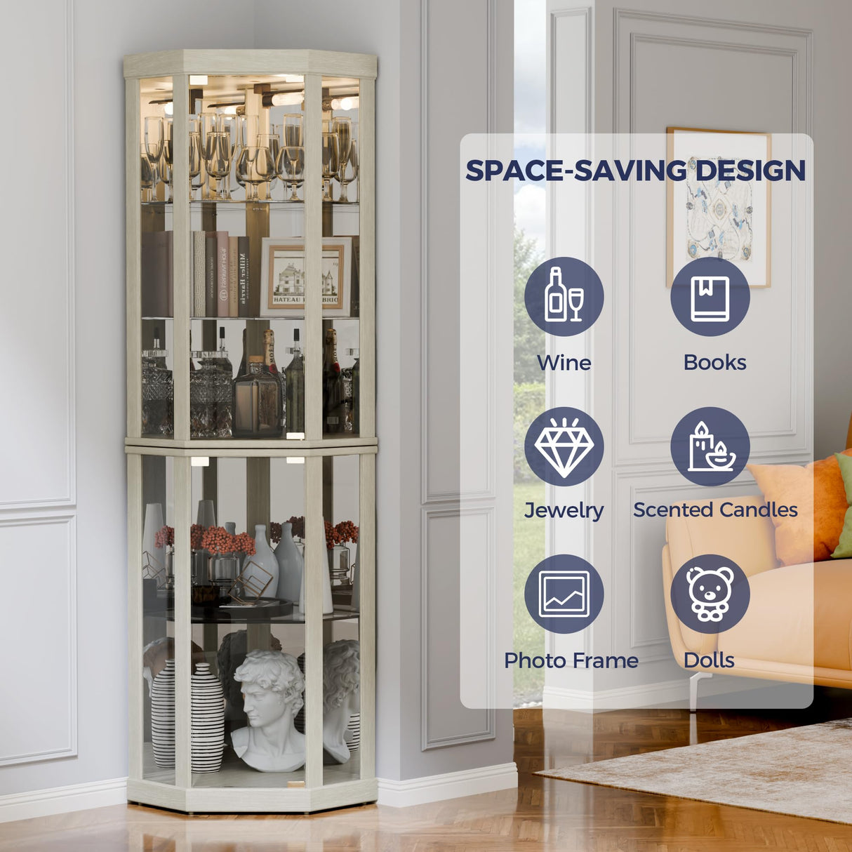 Trygoal Lighted 3-Side Glass Display Curio Cabinet, Corner China Cabinet with Tempered Glass Doors, Wooden Display Case with Light Bulb for Living Room, Antique White Trygoal