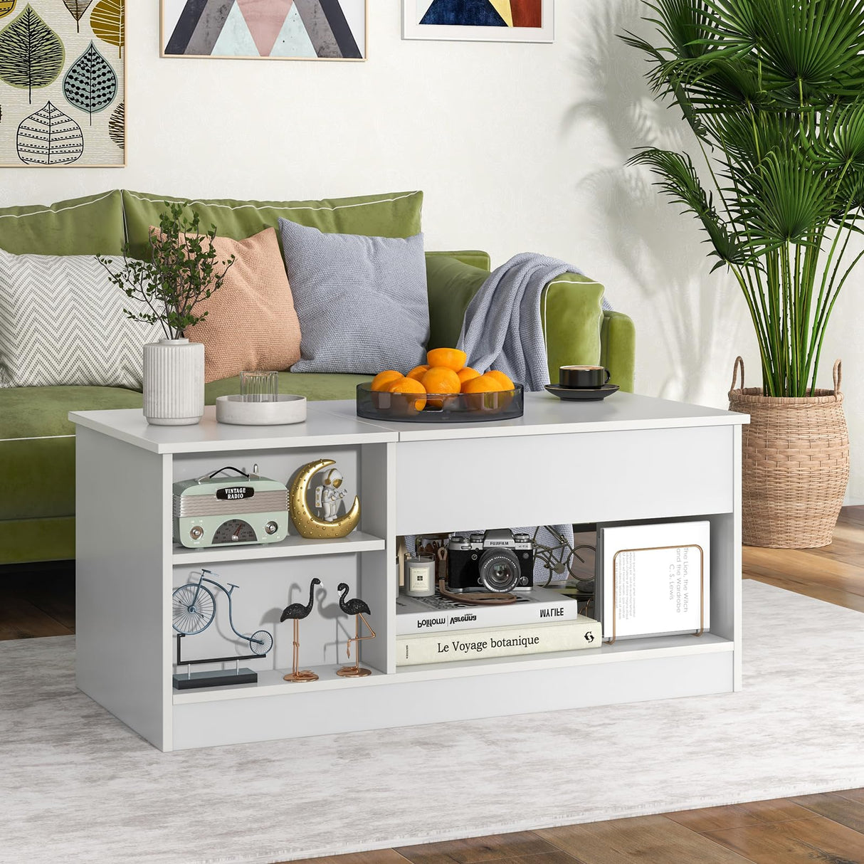 Tangkula White Lift Top Coffee Table, Wood Lift Tabletop Living Room Center Table w/Hidden Storage Compartment, Side Open Shelves & Single Door Cabinet, Modern Cocktail Tea Table for Home Office Tangkula