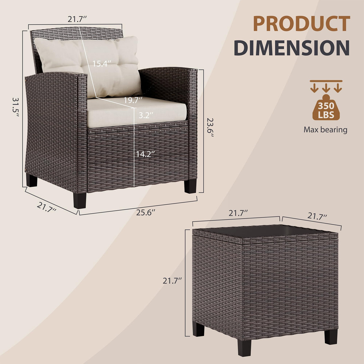 JAMFLY 3 Pieces Wicker Patio Furniture Set Outdoor, Wicker Chairs Conversation Set Small Patio Furniture for Apartment Balcony Bistro, Beige JAMFLY