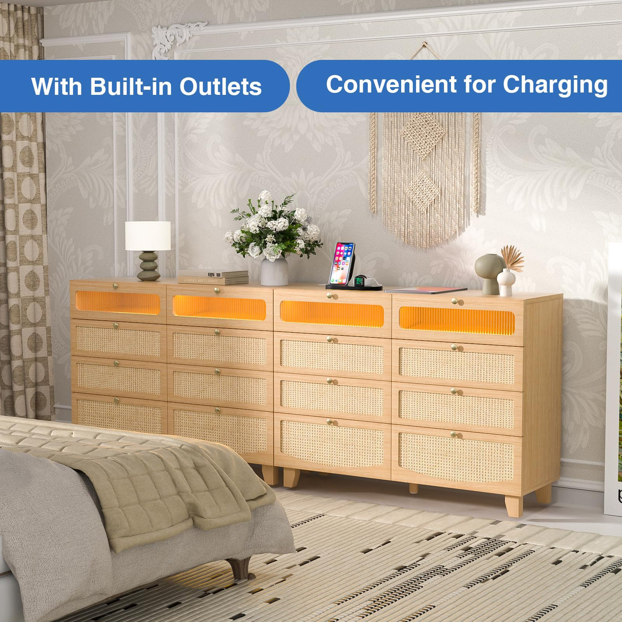Yeyawomy Rattan Dresser for Bedroom with 8 Drawers, Wood Dresser with Charging Station & LED Lights, Boho Dressers & Chests of Drawers for Bedroom Yeyawomy
