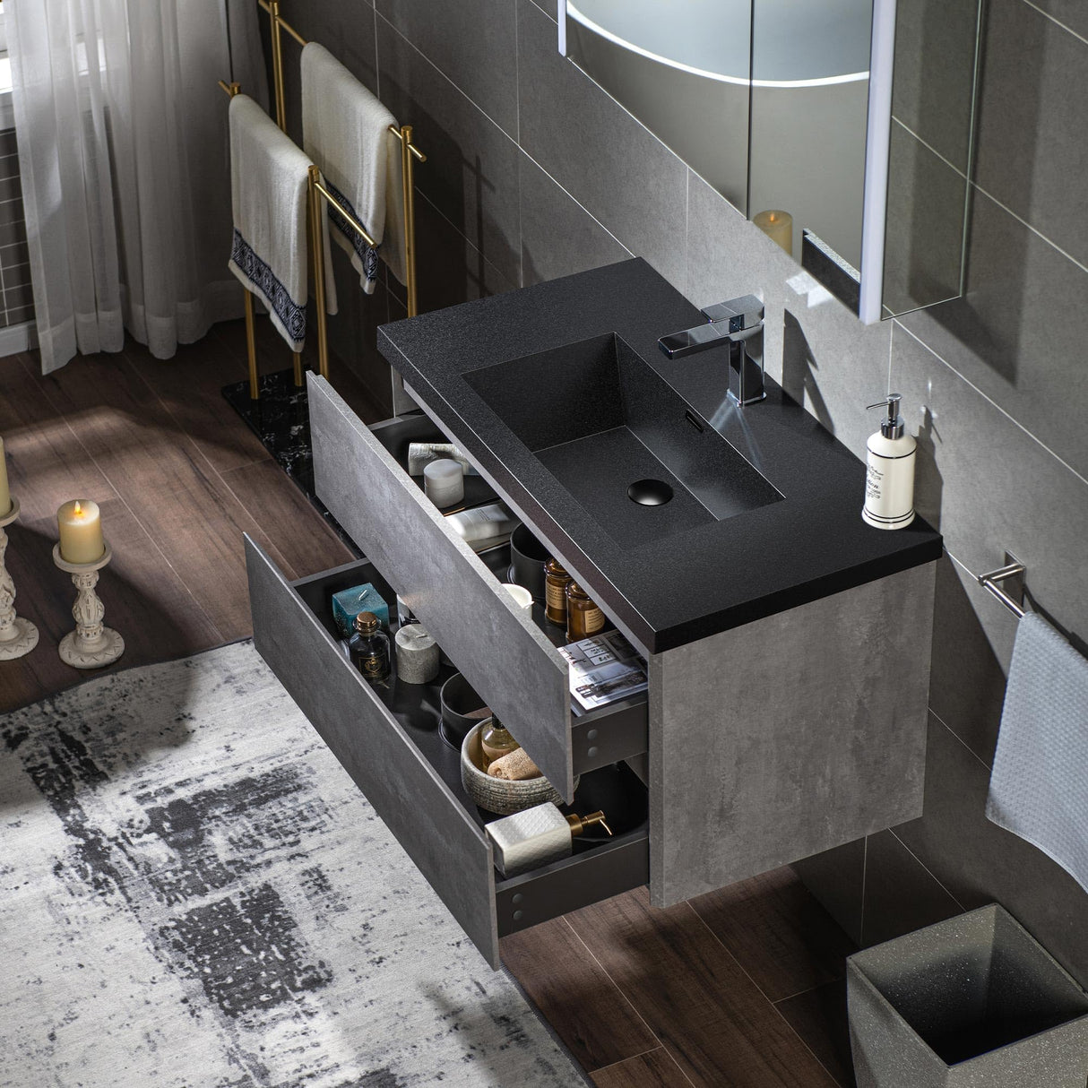 WOODBRIDGE 36 in. W x 19 in. D Wall Mounted Floating Bathroom Vanity in Gray with Quartz Sand Composite Vanity Top in Matte Black WOODBRIDGE