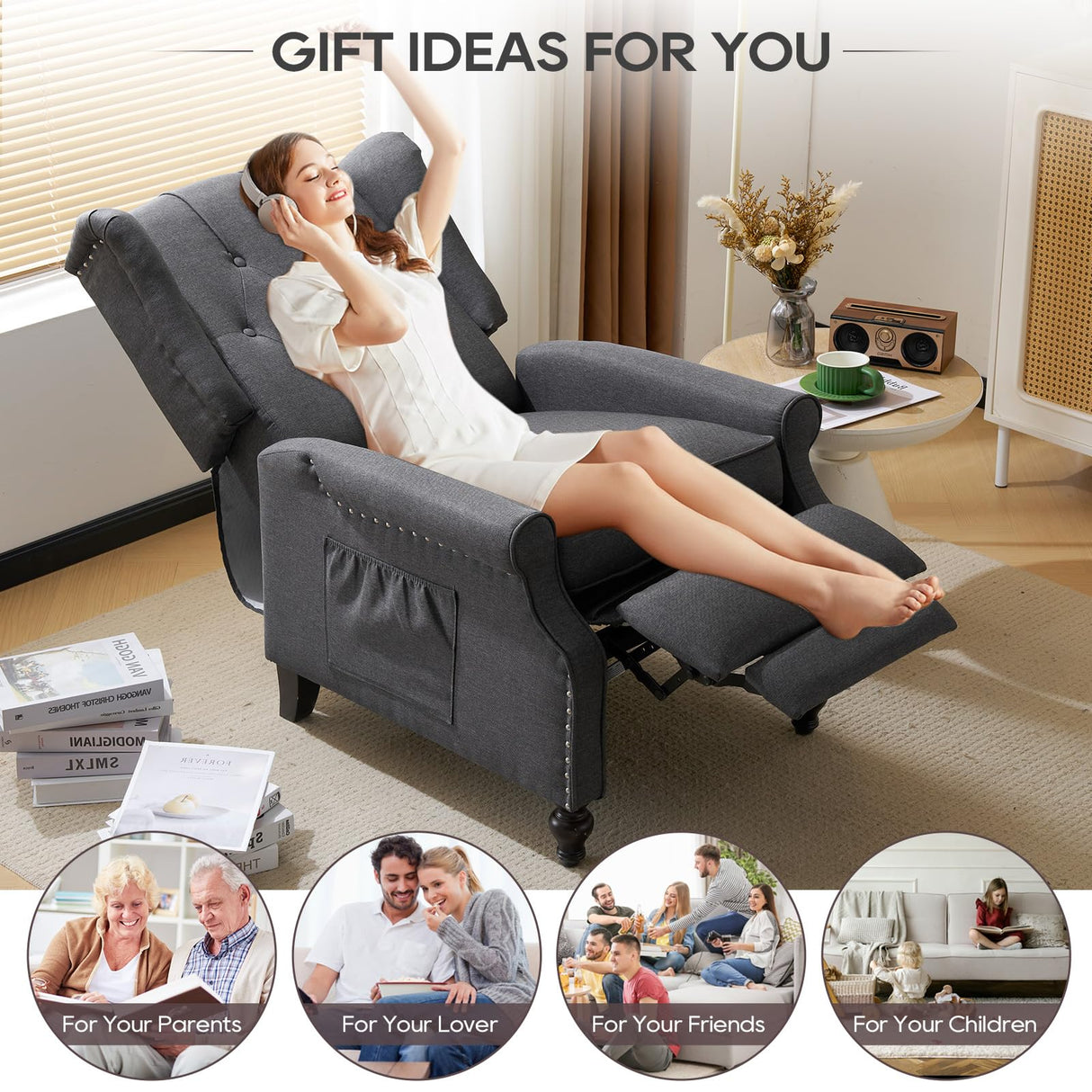 P.H.Furn Wingback Recliner Chair with Massage and Heat, Upholstered Fabric Living Room Chair Armchair with Nailhead Trim,Push Back Recliner Chair with Remote Control,Padded Cushion (Grey) P.H.Furn