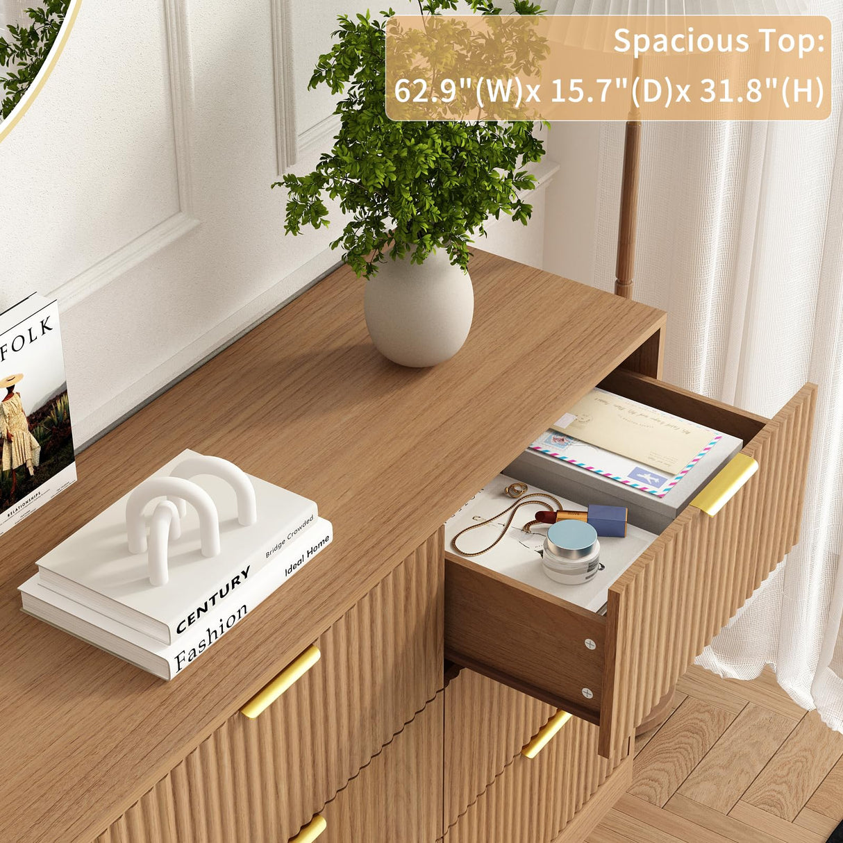 Sscaktu 9 Drawer Dresser for Bedroom with Deep Drawers, 63" Wide Wood Dresser, Large Floor Chest of Drawers, Modern Long TV Stand, Mid Century Storage Cabinet Side Table, Natural Sscaktu