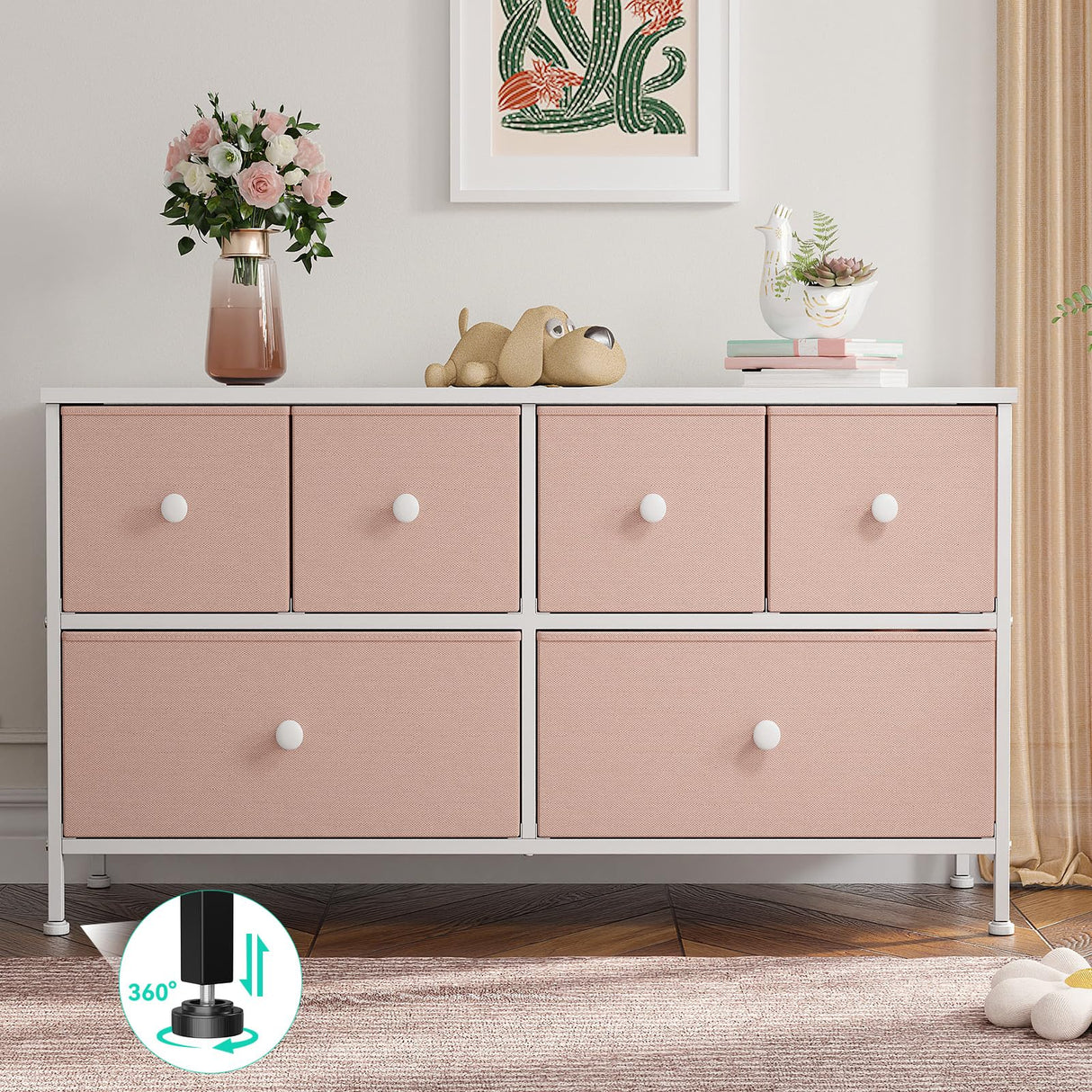 EnHomee Pink Dresser for Bedroom with 6 Drawers, Wide Dressers & Chests of Drawers, Fabric Dresser, TV Stand for Bedroom, Closet, Hallway, Pink EnHomee