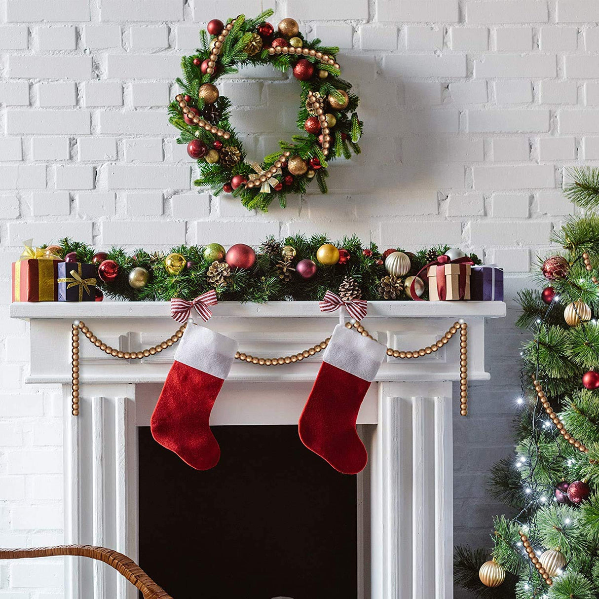 ZMJS 12 Feet Christmas Wooden Bead Garland Wood Bead Garland Christmas Tree Decorations for Christmas Holiday Favors (Gold) ZMJS