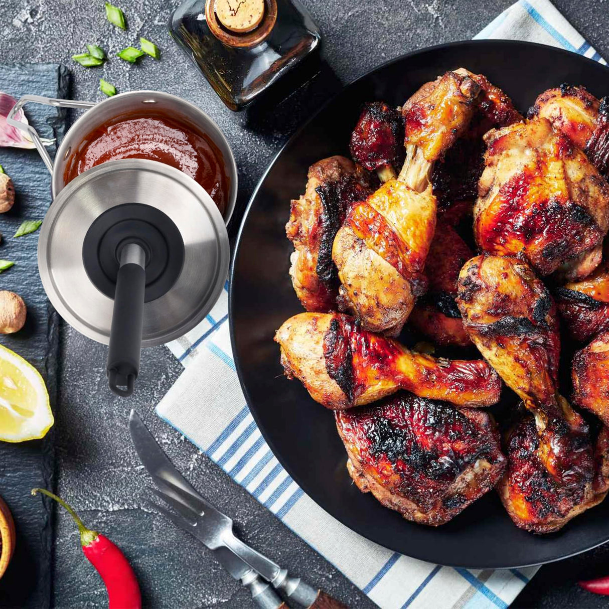 Geesta Adjustable Sauce Pot and Basting Brush Set, Long Stainless Steel Basting Brush for Cooking, Smoking, Fathers Day Grilling Gifts for Men Smoker Accessories, Large Capacity Grilling Tools, 1 Pack Geesta