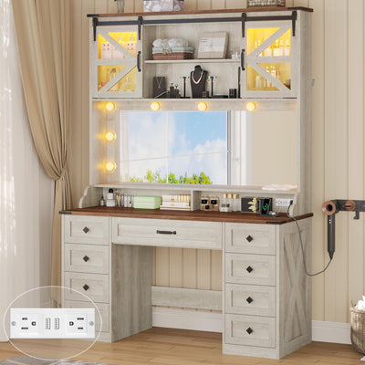 Dnxao Farmhouse Makeup Vanity with 9 Drawer, Vanity Desk with Mirror and Lights 3 Colors, 75.2" Large Vanity with 2 Sliding RGB Barn Door,Storage Shelves,Power Outlets for Bedroom,Antique White
