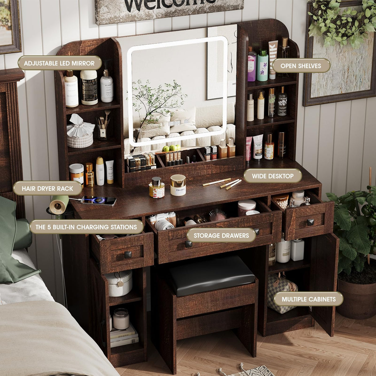 Vabches Makeup Vanity Desk, Vanity Mirror with Lights Desk and Chair,Makeup Table with 3 Large Drawers and 2 Cabinets, Time and Temperature Display, 3 LED Lighting Modes Adjustable, Brown Vabches