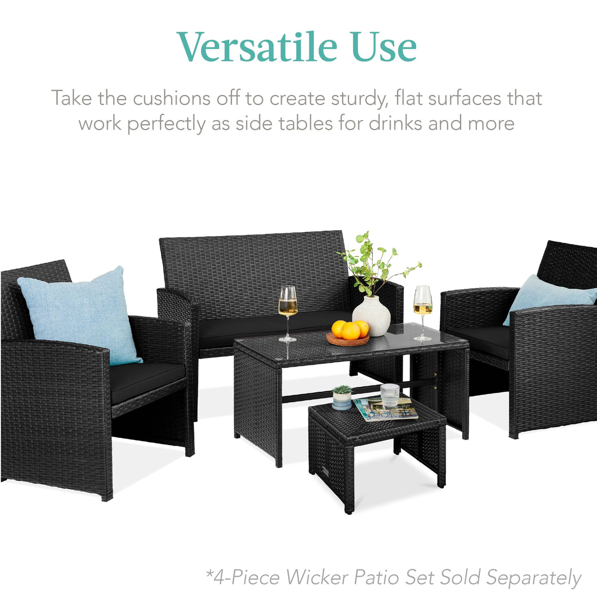 Best Choice Products Set of 2 Wicker Ottomans, Multipurpose Outdoor Furniture for Patio, Backyard, Additional Seating, Footrest, Side Table w/Removable Cushions, Steel Frame - Black/Black Best Choice Products