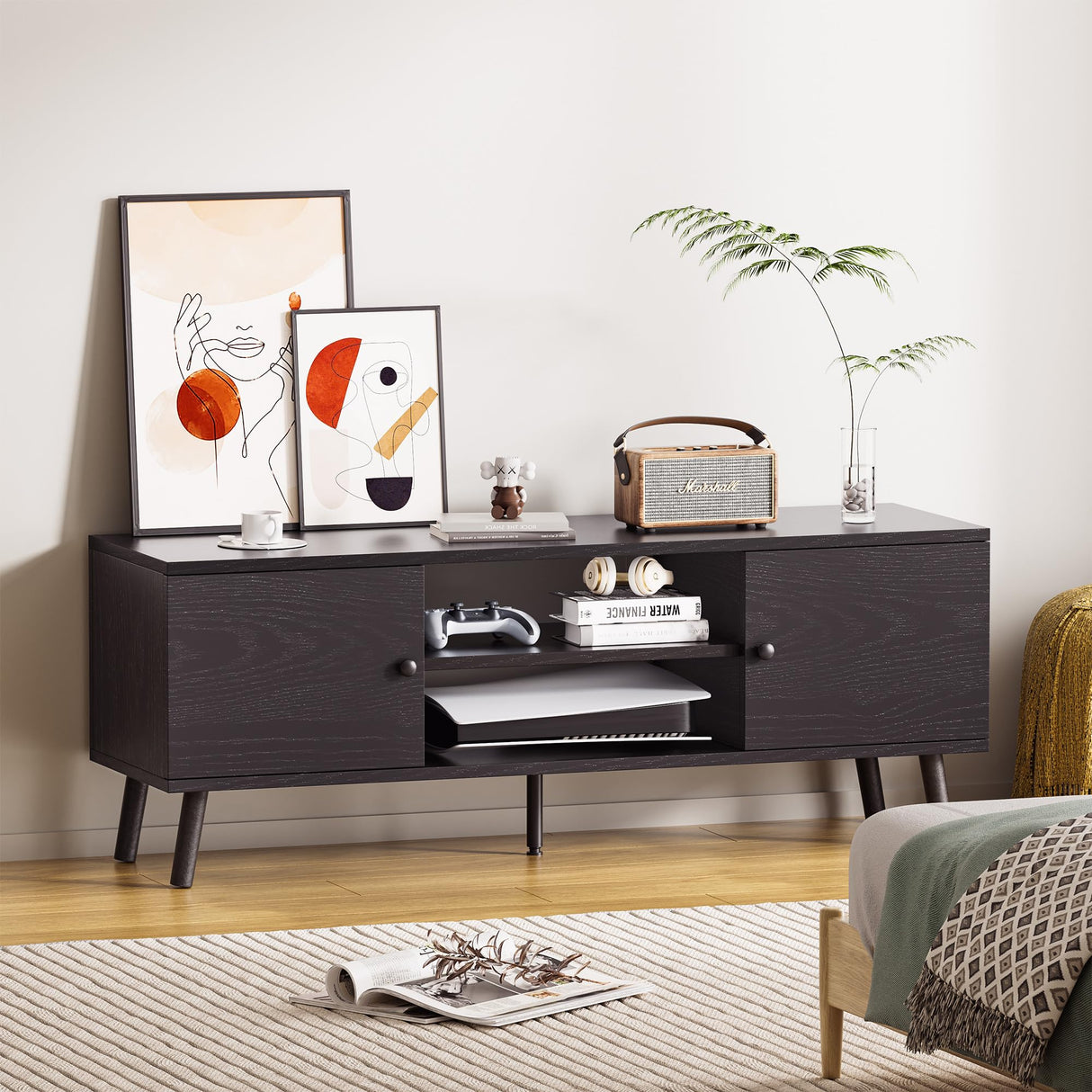 YSSOA TV Stand for 55 60 inch Living Room, 2 Cabinet Media Console Table, Entertainment Center with Storage, Soft Hinge Door with Handle, Wood Feet, Bedroom Furniture-Black YSSOA