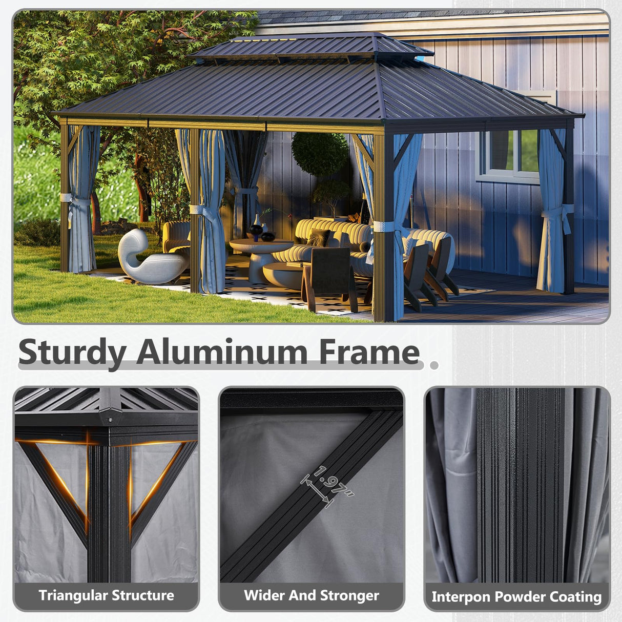 Aoxun Hardtop Gazebo 12FT X 20FT, Galvanized Steel Double Top, Aluminum Metal Gazebo with Netting and Curtains, Permanent Gazebo Pavilion for Outdoor Dining, Wedding, Party Aoxun