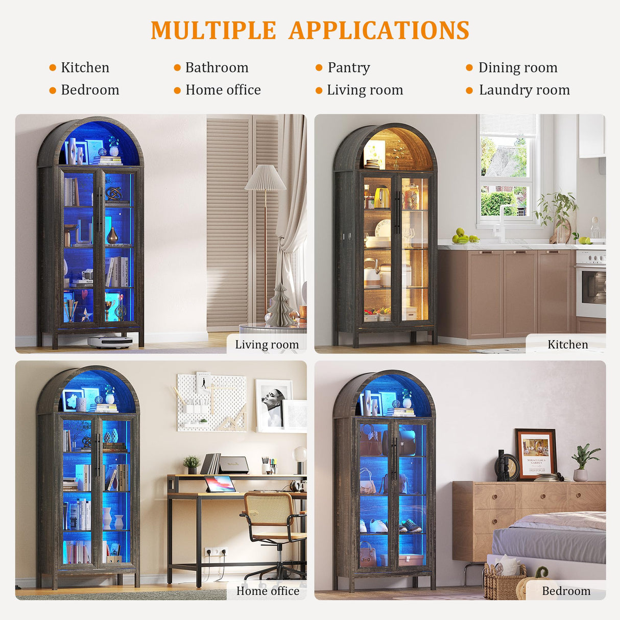 Dystler Arched Kitchen Pantry Cabinet with Glass Doors, Display Curio Case with 3 Color LED Lights for Collectibles, Modern 5-Tier Storage Hutch Cabinet Brown Dystler