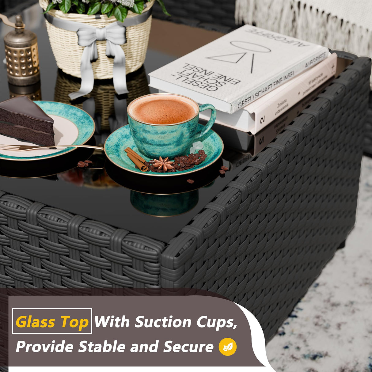 JAMFLY 5 Piece Outdoor Patio Furniture Set, PE Rattan Conversation Sofa Set with Thick Cushions & Glass Top Coffee Table, All-Weather Outside Furniture for Garden, Porch, Aegean Blue JAMFLY