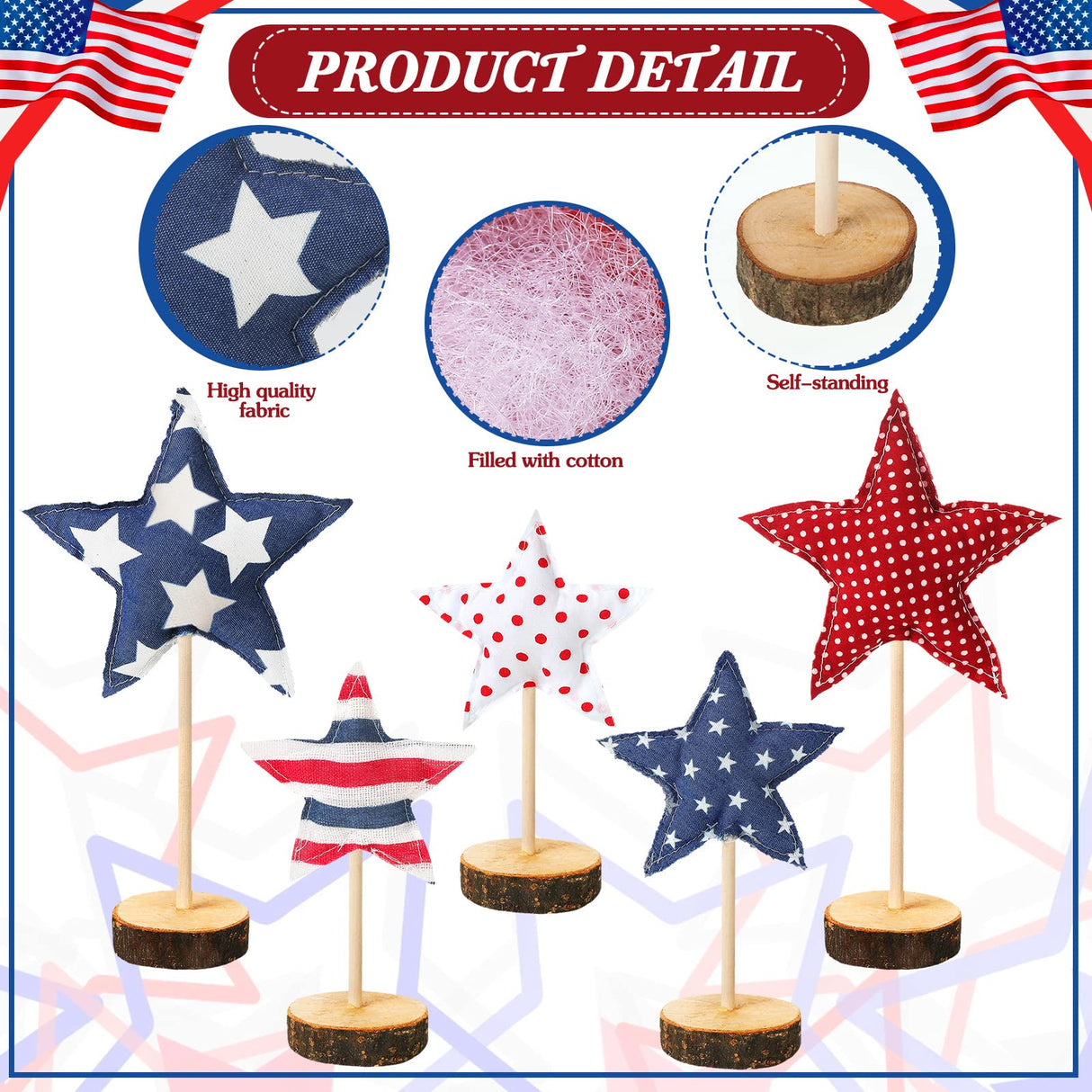 5 Pcs 4th of July Table Centerpiece Standing 3D Star Decor Wood Patriotic Sign Block Fabric Ornaments Rustic Fourth of July Independence Day Crafts for American Festival Party Home Decoration Sintuff
