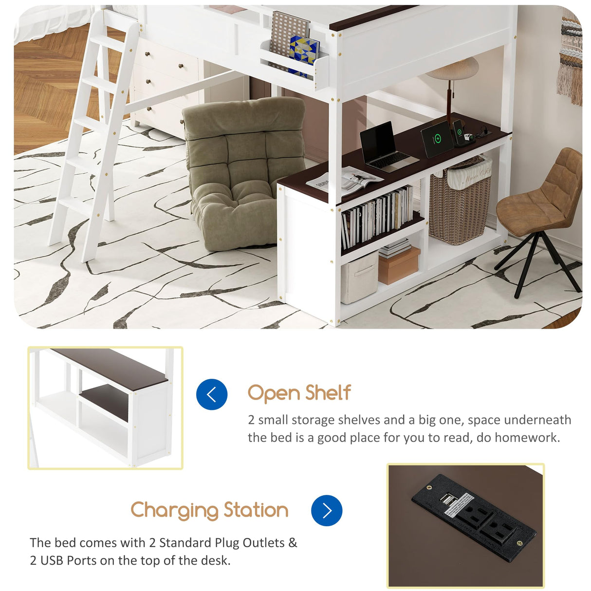 Linique Queen Size Loft Bed with Built-in Desk, Storage Box, Open Shelves and USB Charging Station, Space-Saving Wooden Loft Bed Frame for Teens, Adults & Small Bedrooms (White) Linique