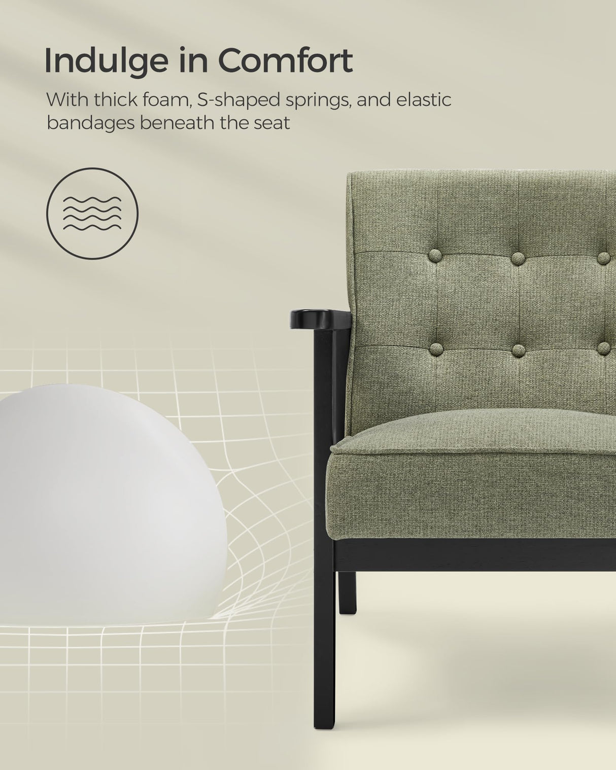 SONGMICS Accent Leisure Chair, Mid-Century Modern Arm Chair with Solid Wood Armrests and Legs, 1-Seat Cushioned Sofa for Living Room Bedroom Balcony Studio, Olive Green ULAC001C01 SONGMICS