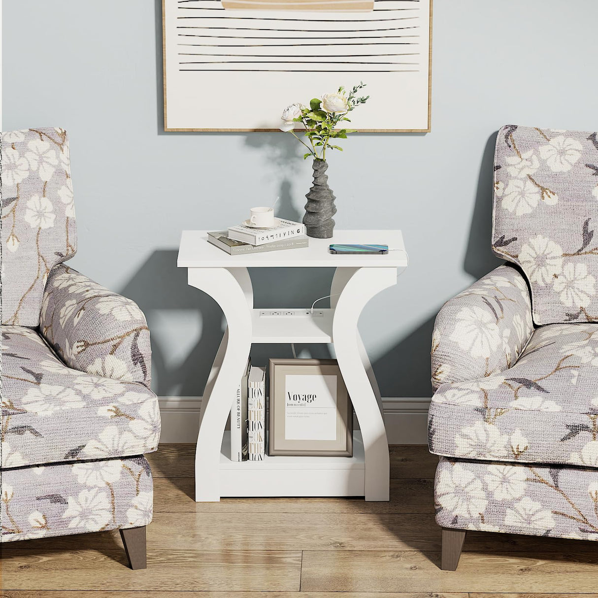 FROMJBEST End Tables Living Room, End Table with Charging Station, White End Table with USB,White Side Table, Nightstand for Bedroom, 3 Tier End Table with Storage Shelf for Living Room White FROMJBEST