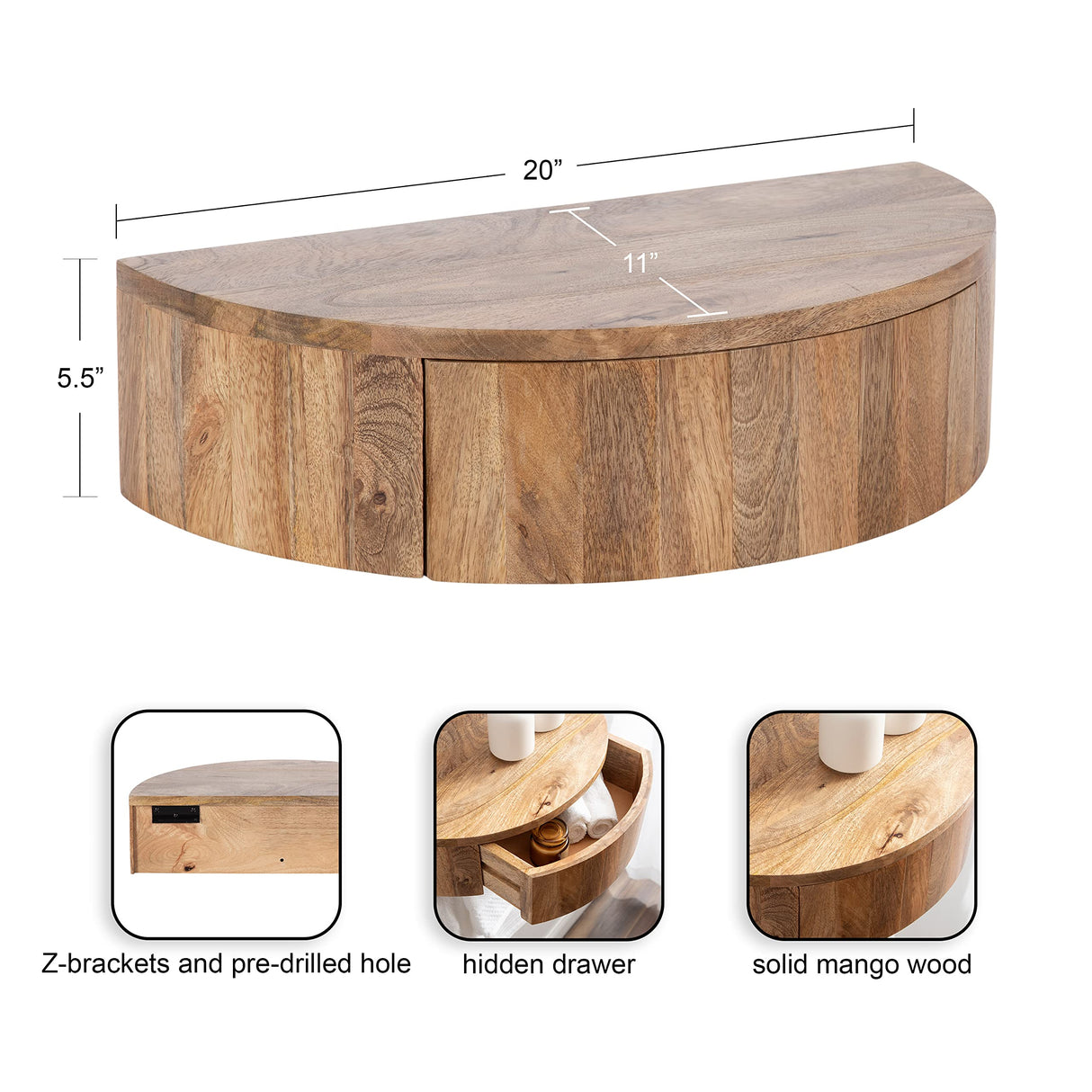 Kate and Laurel Reid Modern Wooden Floating Side Table, 20 x 11 x 6, Natural Brown, Contemporary Wood Floating Nightstand with Drawer for Extra Storage and Added Functionality Kate and Laurel