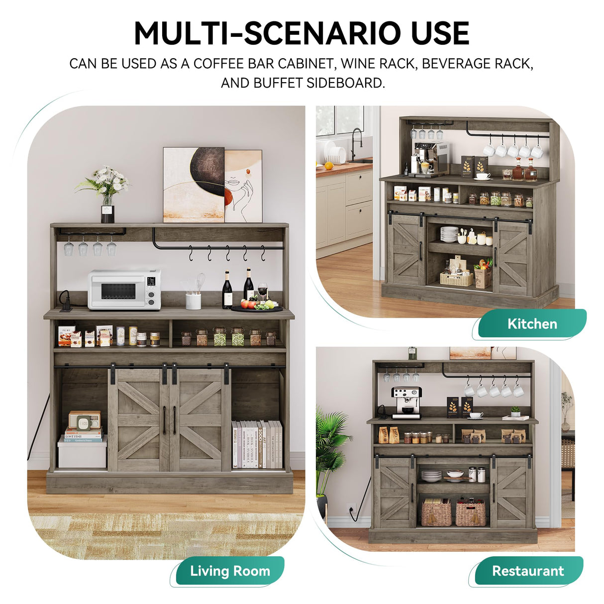 YITAHOME Buffet Cabinets with Storage, 47" Coffee Bar with Goblet Holder & Power Outlet, Farmhouse Sideboard Cabinets with Sliding Barn Doors for Kitchen, Living Room (Rustic Grey Oak) YITAHOME