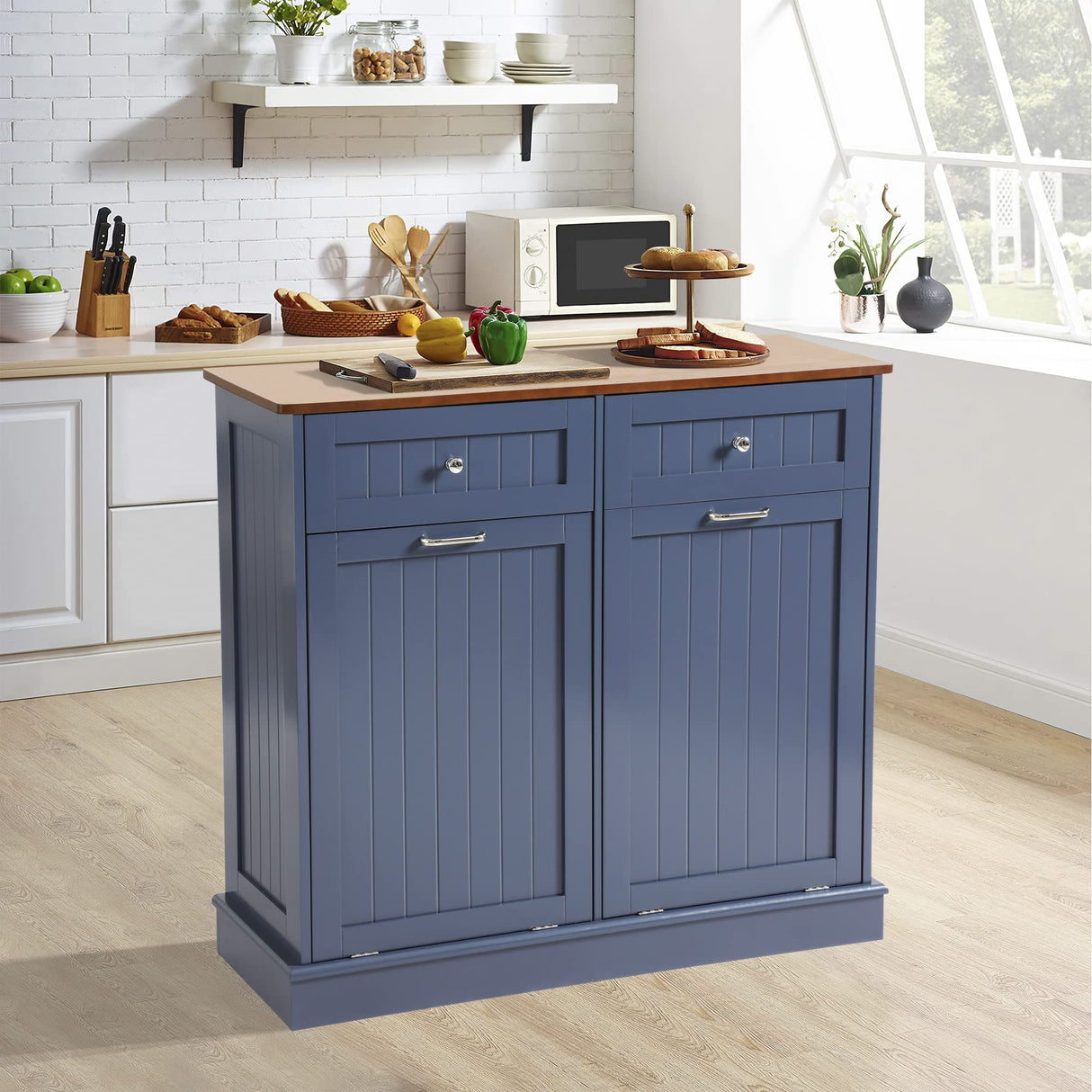 LOUVIXA Tilt Out Trash Can Cabinet with Double Hidden Trash Can Holder, Kitchen Free Standing Recycling Cabinet,Dog Proof Trash Can,Wood (Blue) LOUVIXA