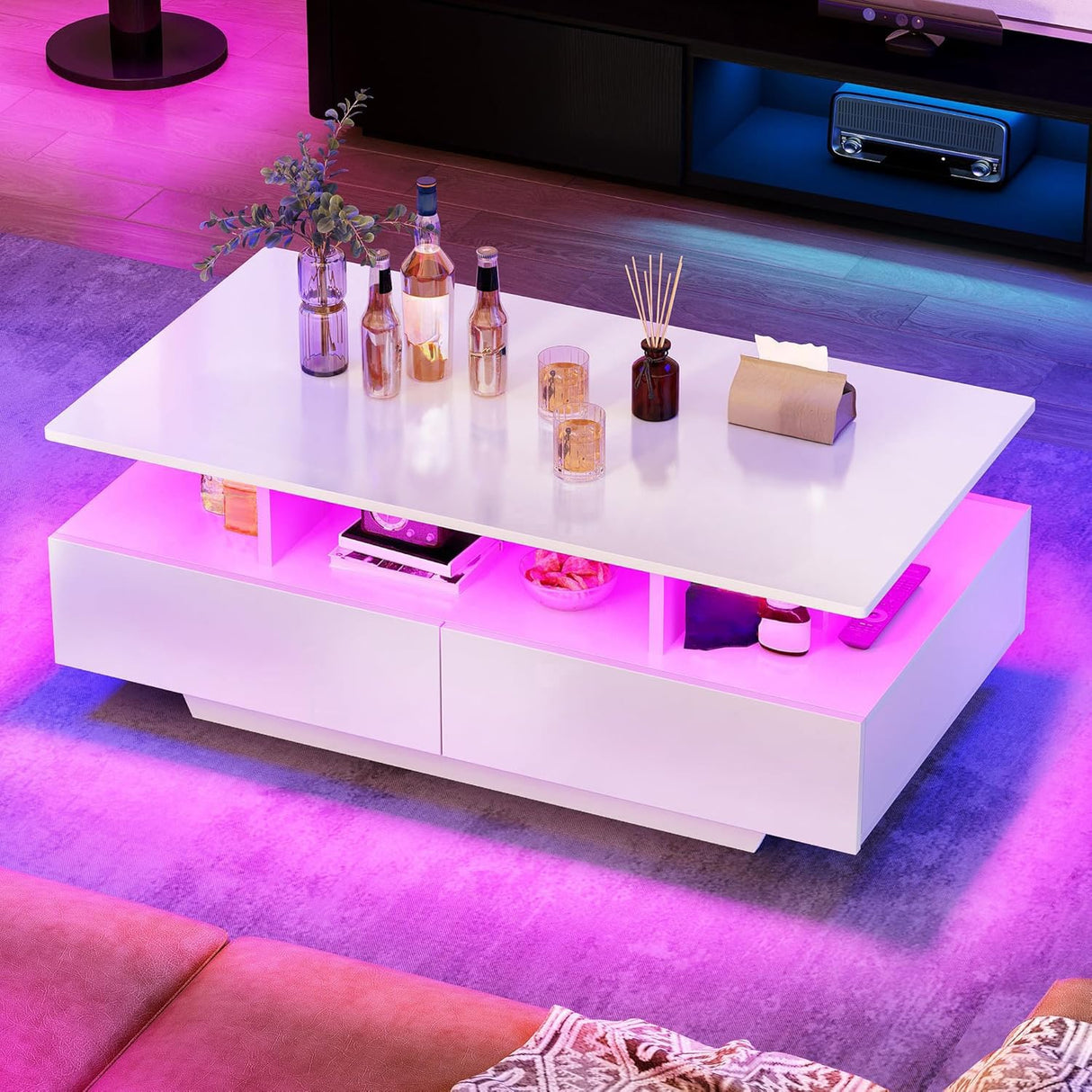 YITAHOME LED Coffee Table with Storage, Modern Coffee Tables for Living Room, High Glossy LED Coffee Table with Open Display Shelf & Sliding 4 Drawers, Rectangular Small Center Table, White YITAHOME