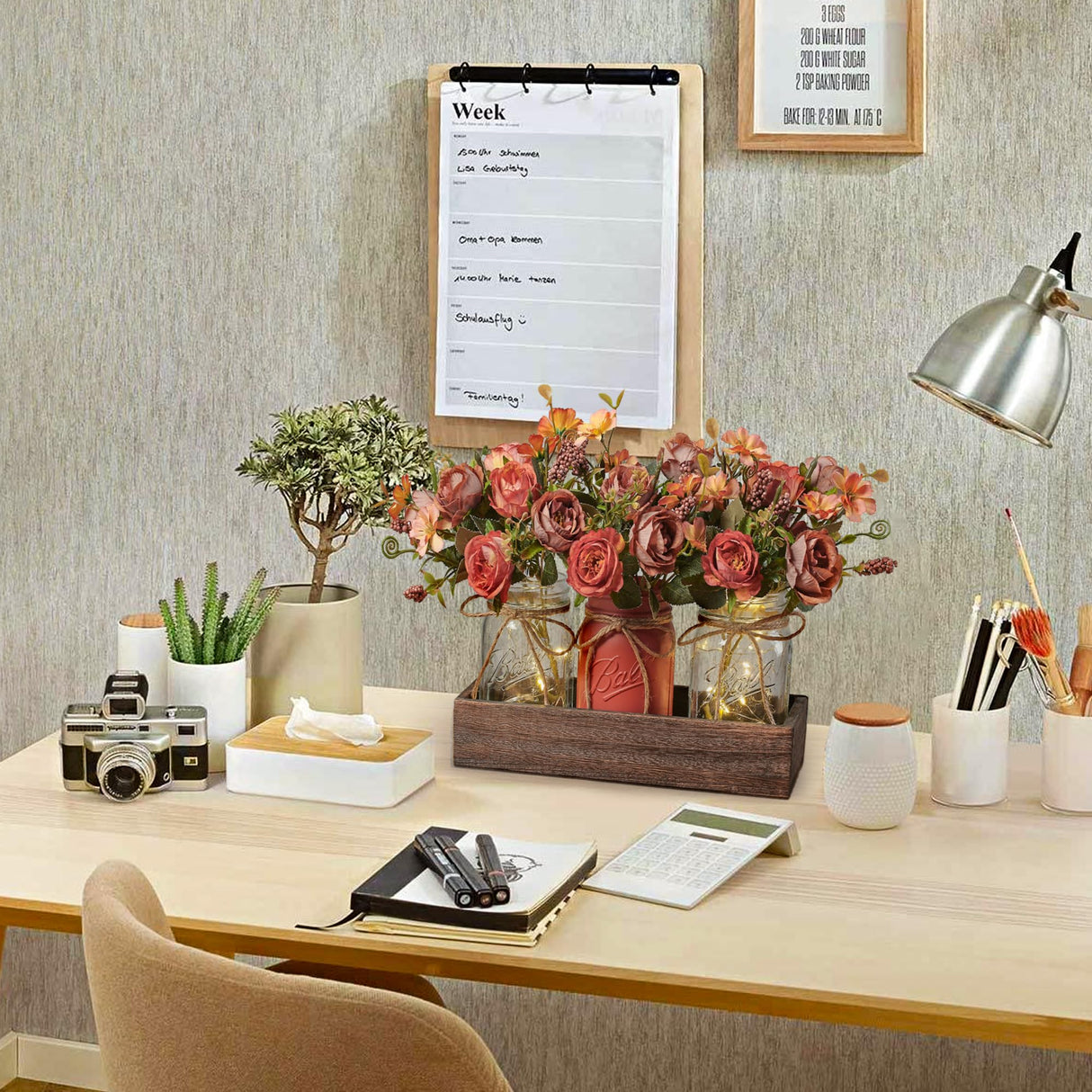 DUOER 3 Pcs Mason Jar Centerpiece Table Decorations for Dining Table Decor Farmhouse Coffee Table Decor with Wood Tray and Led Light Table Centerpieces for Dining room Kitchen Living Bathroom,Orange DUOER