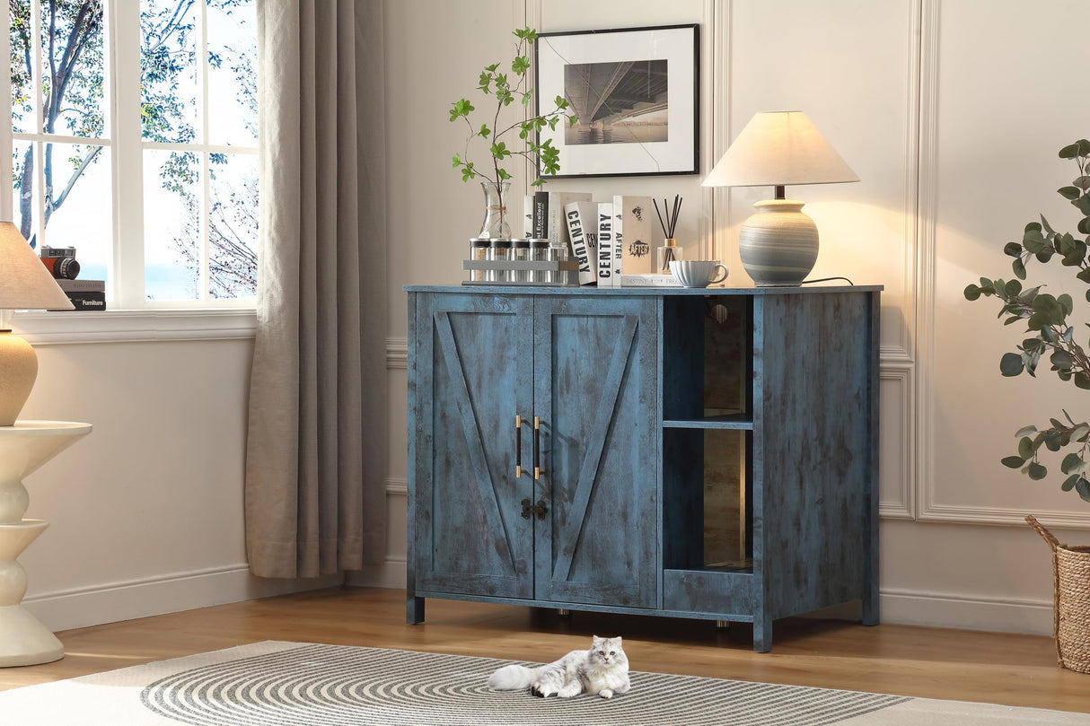 Forest Gravity Cat Litter Robot Enclosure, Enclosure for self-Cleaning Litter Boxes,Adjustable Shelf for Dog Proof and Storage,Charging Station,Locks Added for cat,Large Indoor Cat House,Blue FOREST GRAVITY