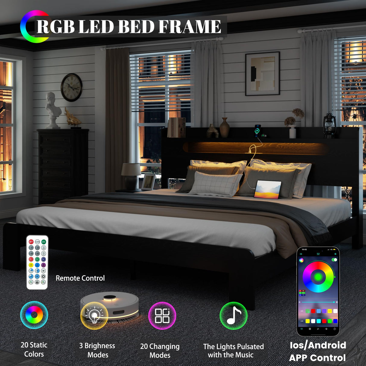 QNICE Wooden King Size Bed Frame with Storage Headboard & Charging Station, Farmhouse Platform Bedframe with LED Lights & Metal Slats Support, Easy Assembly (Rustic Black) QNICE