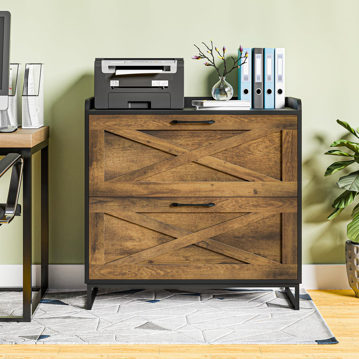 Lateral File Cabinet 2 Drawer File Cabinet with Charging Station, Modern Farmhouse Large Wood Home Office Furniture for Legal/Letter/A4 Size Hanging Files, Rustic Brown and Black Vabches