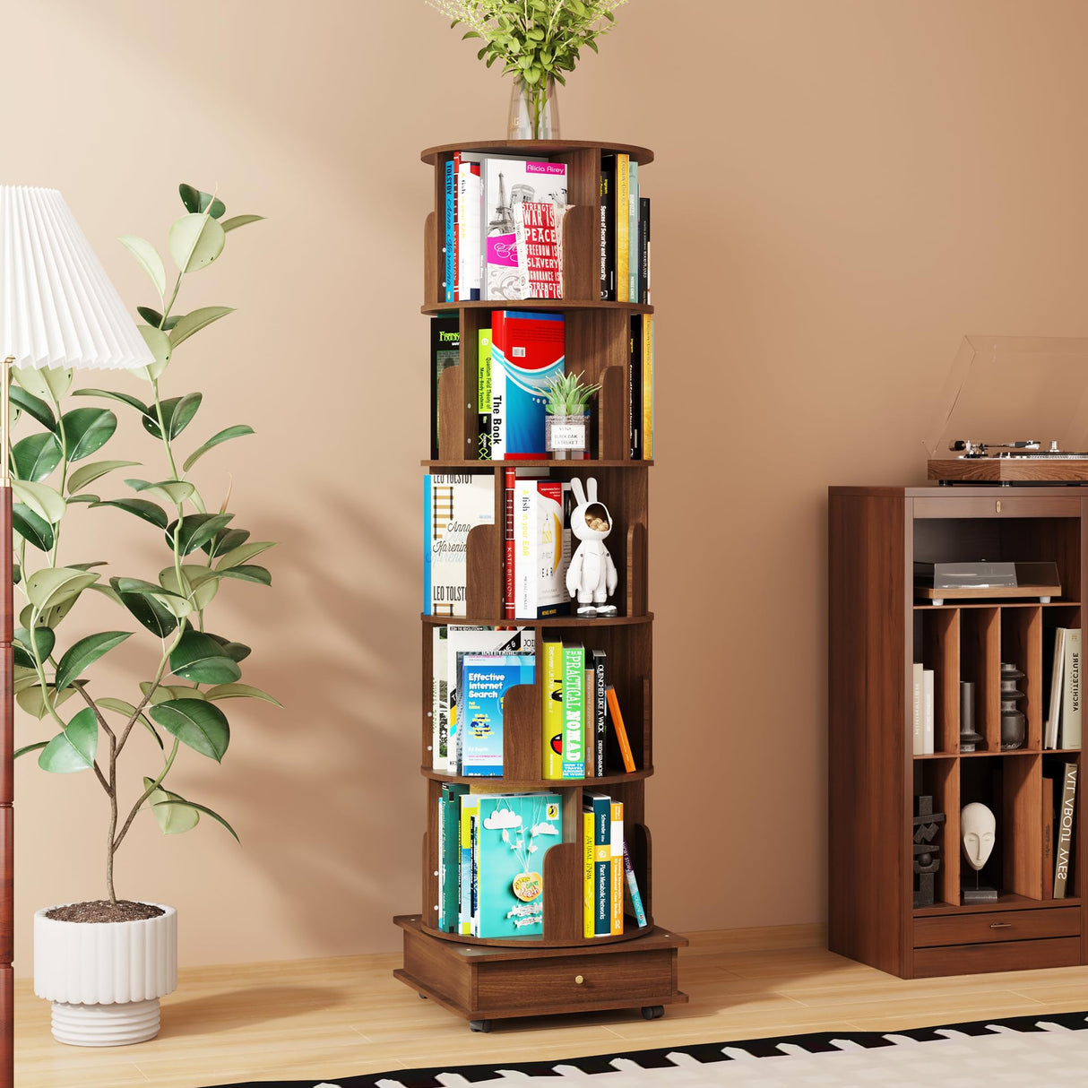 RNE Walnut 6-Tier 360 Rotating Solid Wood Bookshelf Tower with Drawers and Wheels RNE