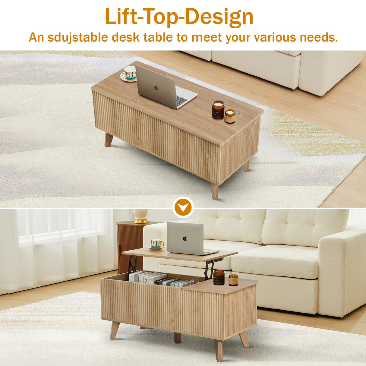 affeivul Boho Lift Top Coffee Table with Storage for Living Room, Bedroom, Rectangle Low Fluted Coffee Table with Drawers, Contemporary Pop Up Coffe Table Convertible Rising (Natural) affeivul