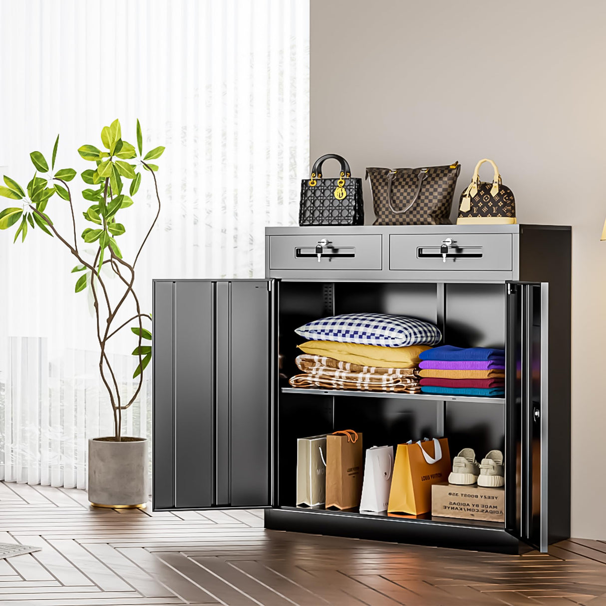 INTERGREAT Metal Storage Cabinet with Drawers, Black Locking Steel Garage Cabinet with 2 Doors and Adjustable Shelves, Lockable File Cabinets for Garage, School, Home Office, Classroom (32”W x 16”D) INTERGREAT