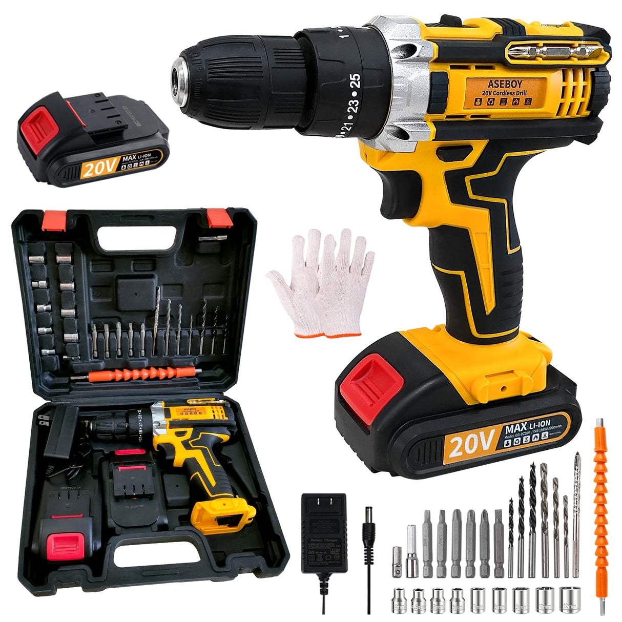 Aseboy Cordless Drill with Battery and Charger, Power Drill Cordless, Electric drill Set with 3/8 Keyless Chuck, 25+3 Torque Settings for Screwdriving, Drilling (1Battery) Aseboy