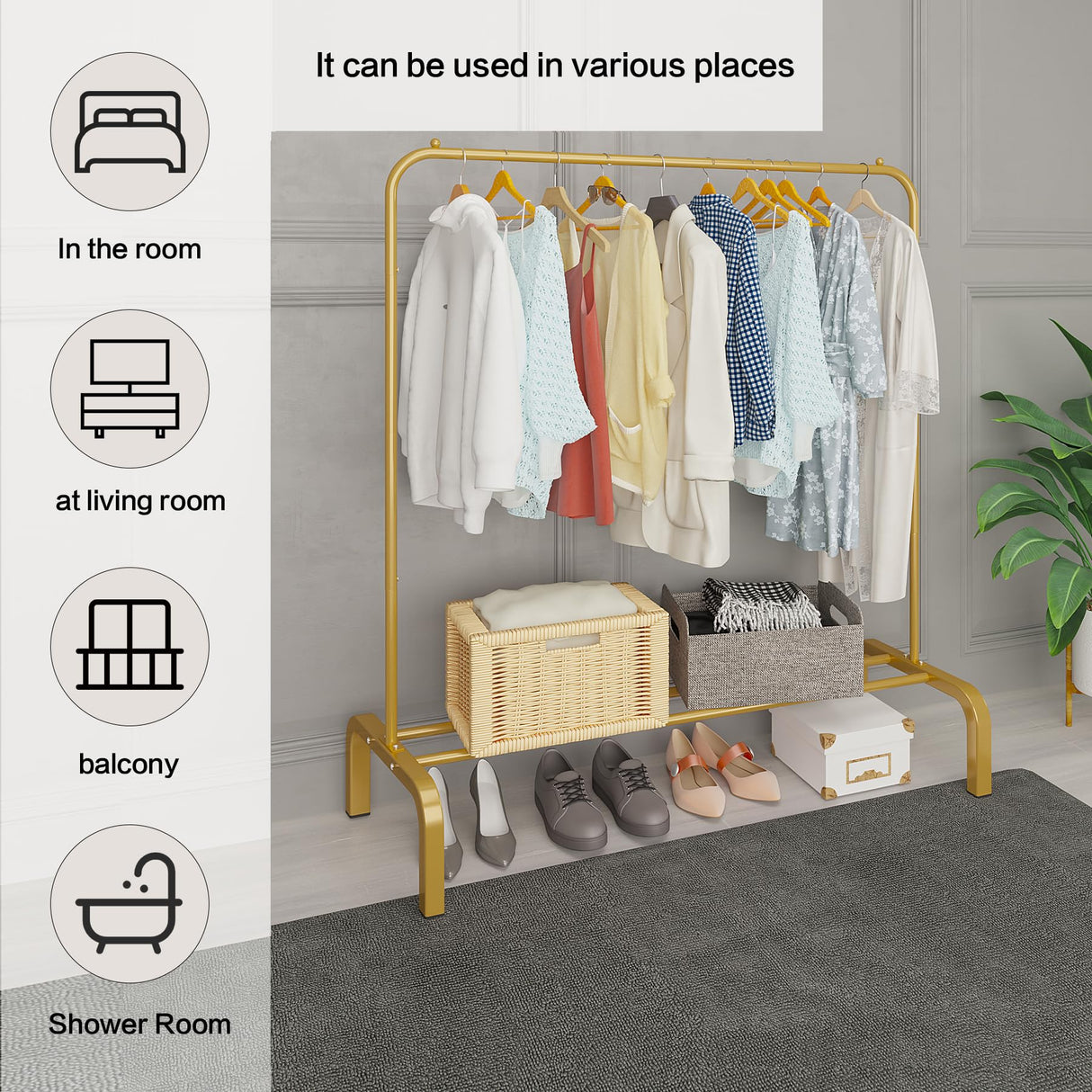 JIUYOTREE Metal 43.3 Inches Garment Rack with Bottom Shelf Clothing Rack for Hanging Clothes Coats Skirts Shirts Sweaters Gold JIUYOTREE