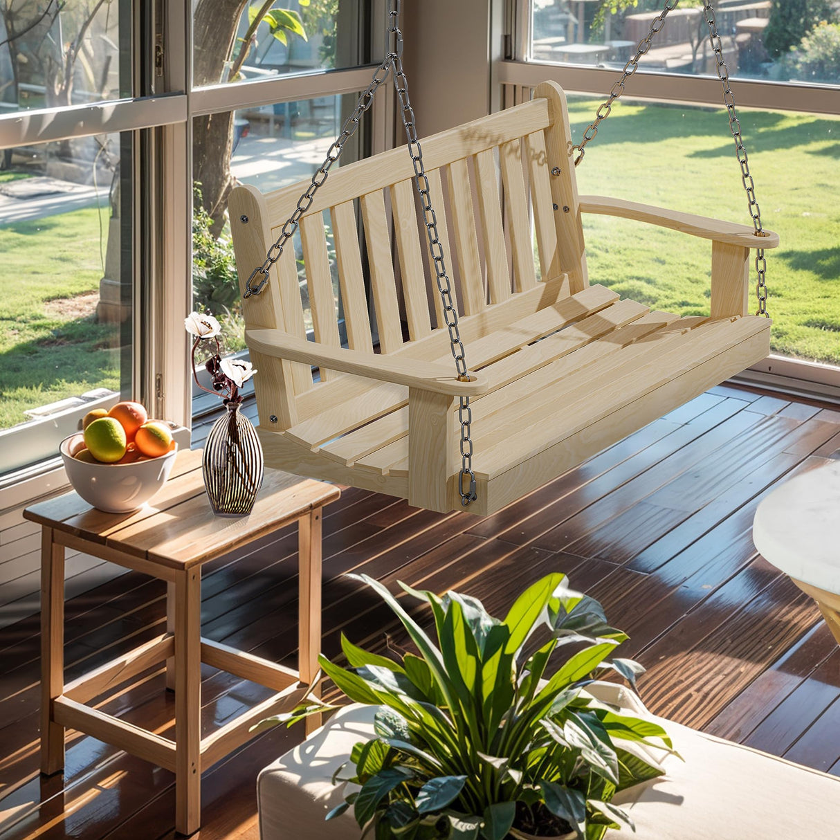 JAMFLY Patio Wooden Porch Swing Outdoor, 2-Seater Bench Swing with Hanging Chains for Outdoor Patio Garden Courtyard Backyard, Natural JAMFLY