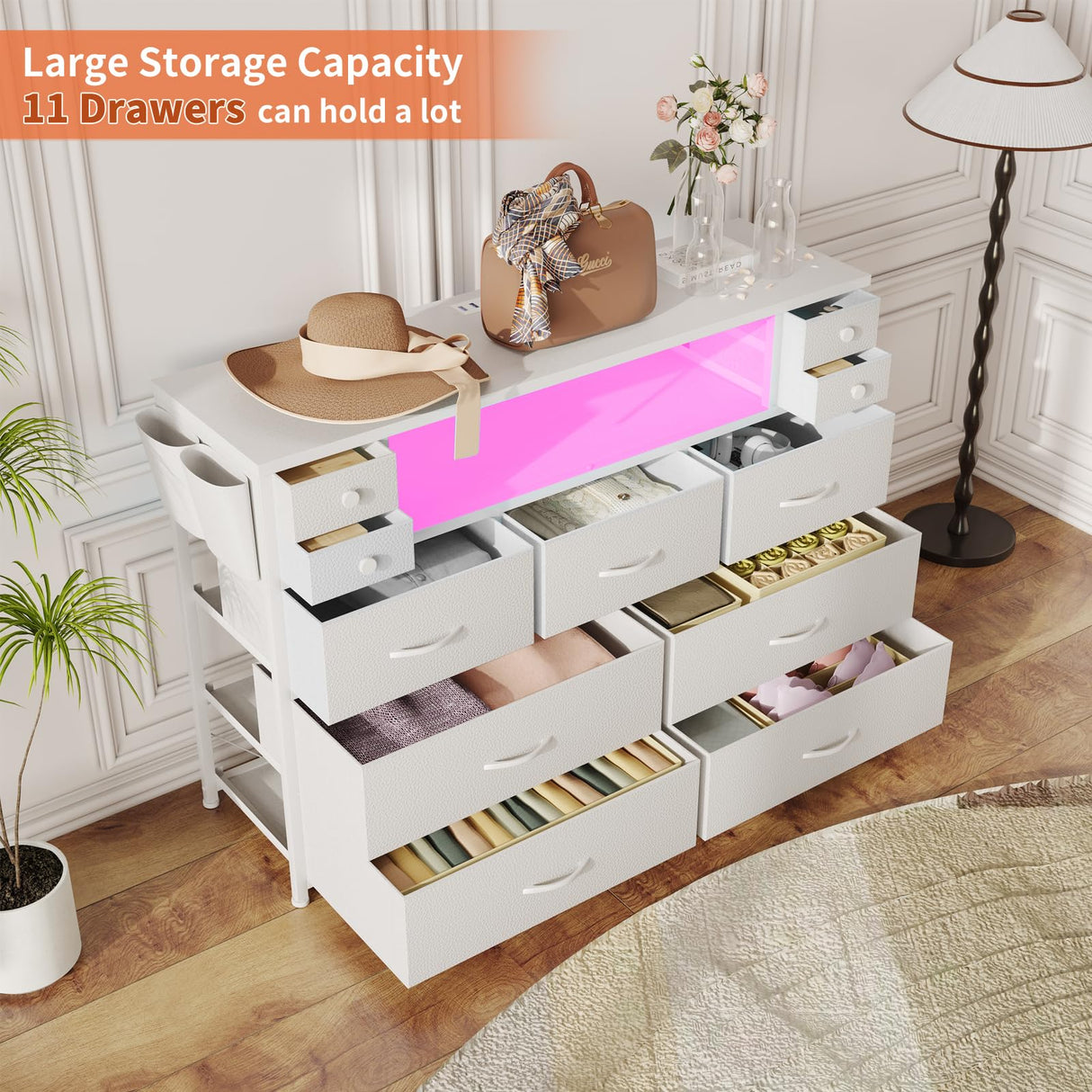 DRAWERHOM Dresser TV Stand with Power Outlets and LED Lights for 55'' TV, 11 Drawers Dresser with Side Pocket, Fabric Chest of Drawers with PU Finish, Sturdy Frame & Wood Top (White) DRAWERHOM