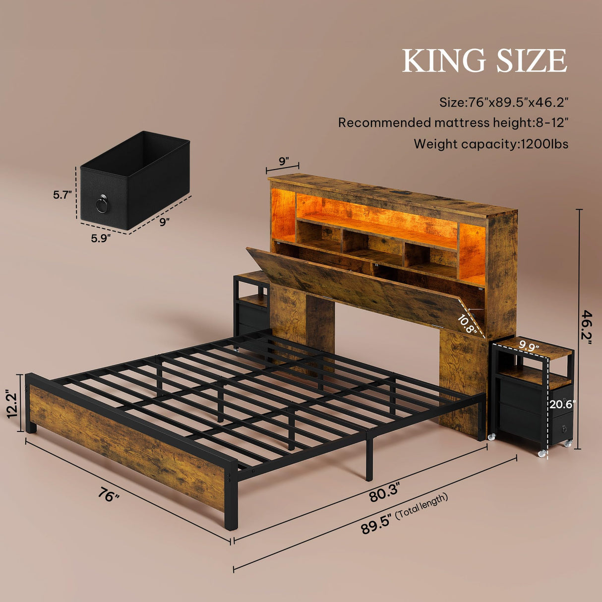 YITAHOME King Size Bed Frame with Storage Bookcase Headboard & RGB LED Lights, Slide Out Bedside Storage, Charging Station & USB, Heavy Duty Metal Slats, No Box Spring Needed, Noise-Free, Rustic Brown YITAHOME