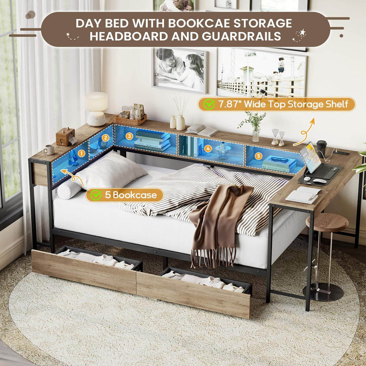 Modern Twin Size Corner Bed Frame with Storage Bookcase and Desk, 2 Underbed Drawers, LED Lights& Charging Station, Reversible Left/Right, Metal Platform Daybed, 96.9"L x 46.9"W x 31.5"H (Grey, Twin) Deolme